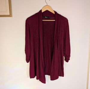 JKLA M Burgundy Rayon Spandex Open Front Draped Cardigan | Ruched 3/4 Sleeve